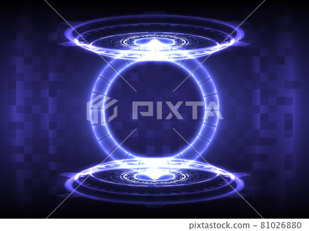 Portal and hologram science futuristic. Sci-fi digital hi-tech in glowing HUD projector element. Magic gate in game fantasy. Teleport podium. GUI and UI virtual reality interface 81026880