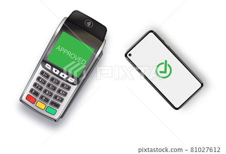 Contactless payment for goods. Payment for purchases with a mobile phone. Payment terminal and smartphone. E-commerce and business. Contactless payment for goods. Payment for purchases with a mobile phone. Payment terminal and smartphone. E-commerce and business. 81027612