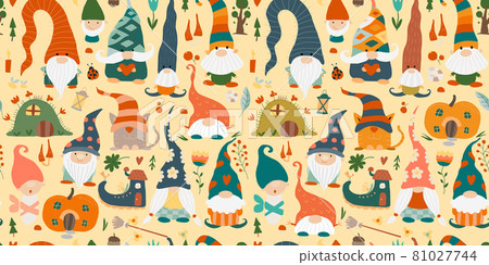 Garden gnomes family. Fairytale characters. Seamless pattern background Garden gnomes family. Fairytale characters. Seamless pattern background 81027744