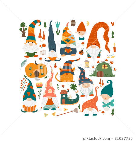 Garden gnomes family. Fairytale characters for your design. Square frame Garden gnomes family. Fairytale characters for your design. Square frame 81027753