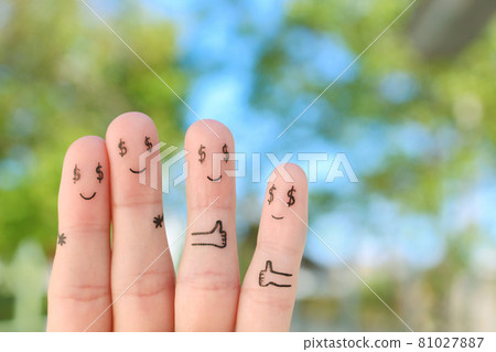 Fingers art of happy family. Concept of man and woman having dollar sign instead of eyes. Fingers art of happy family. Concept of man and woman having dollar sign instead of eyes. 81027887