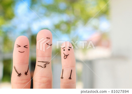Fingers art of happy family. Concept of child makes face and parents laugh. Fingers art of happy family. Concept of child makes face and parents laugh. 81027894