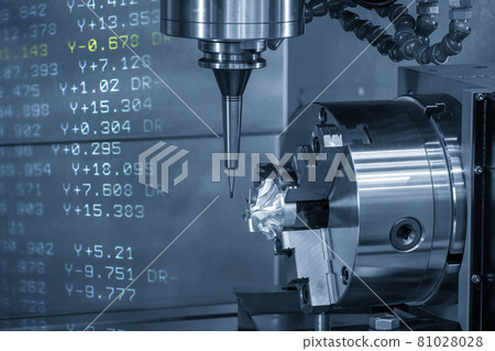 The abstract scene 4-axis  machining center cutting the turbocharger parts with G-code data back ground. 81028028