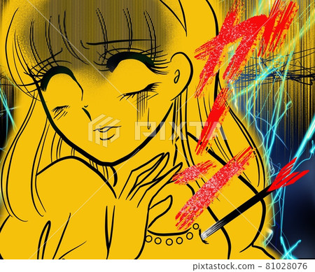 70's Shojo manga Face Pallor A frightened beauty with white eyes and a bow and arrow stuck in her chest 81028076