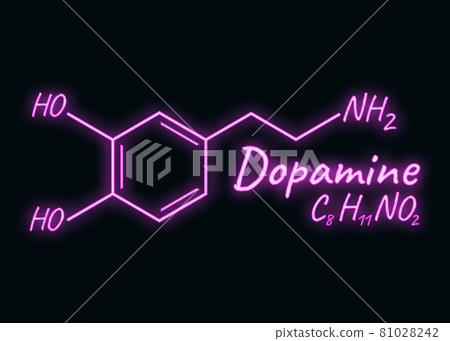 Human hormone dopamine concept chemical skeletal formula icon label, text font neon glow vector illustration, isolated on black. Periodic element. 81028242