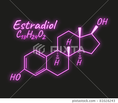 Human hormone estradiol periodic element concept chemical skeletal formula icon label, text font neon glow vector illustration, isolated on black. Human hormone estradiol periodic element concept chemical skeletal formula icon label, text font neon glow vector illustration, isolated on black. 81028243