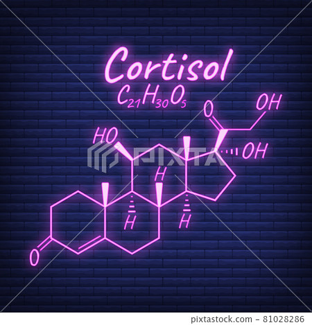 Human hormone cortisol periodic element concept chemical skeletal formula icon label, text font neon glow vector illustration, isolated on black. 81028286