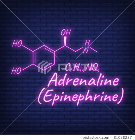 Human hormone adrenaline, epinephrine element concept chemical skeletal formula icon label, text neon glow vector illustration, isolated on black. Human hormone adrenaline, epinephrine element concept chemical skeletal formula icon label, text neon glow vector illustration, isolated on black. 81028287