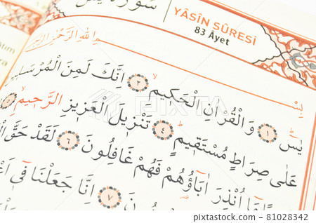 Pages verses from the holy book of islam religion Quran, Kuran and chapters, Surah of Yasin Pages verses from the holy book of islam religion Quran, Kuran and chapters, Surah of Yasin 81028342
