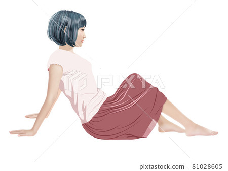 A woman who sits with her knees up and her hands behind 81028605