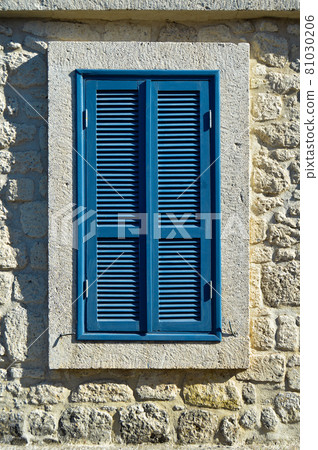 Cesme Alacati located in old antique house blue wooden windows and shutters, Turkey Izmir Cesme Alacati located in old antique house blue wooden windows and shutters, Turkey Izmir 81030206