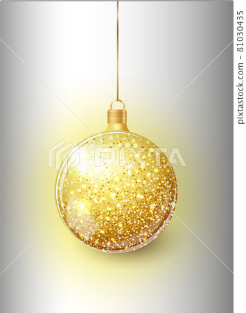 Gold Christmas tree toy isolated on a transparent background. Stocking Christmas decorations. Vector object for christmas design, mockup. 81030435