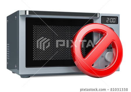 Prohibition symbol with microwave oven. 3D rendering Prohibition symbol with microwave oven. 3D rendering 81031338