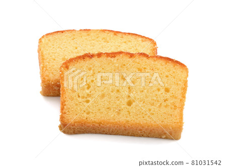 Butter cake sliced on white background 81031542