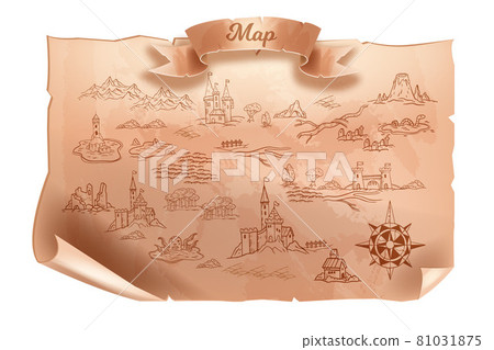 Old vintage map vector illustration, travel cartography antique paper, game parchment background.  81031875