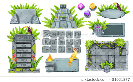 Stone game UI vector set, rock interface button kit, vector ancient maya ruin, sign board Stone game UI vector set, rock interface button kit, vector ancient maya ruin, sign board 81031877