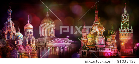 Collage panorama of the Red Square Moscow, and Saint Petersburg church of the savior on blood and Kazan cathedral at night, with bokeh colorful spots. Russia. 81032453