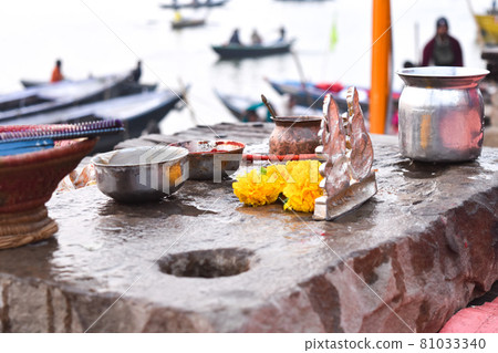Buddhist equipment for festivals on the banks of the Ganges in Varanasi Buddhist equipment for festivals on the banks of the Ganges in Varanasi 81033340