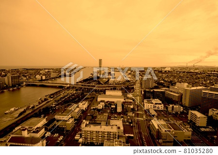 City view from Niigata City Media Ship Observatory (Toki Messe area, sepia color) 81035280