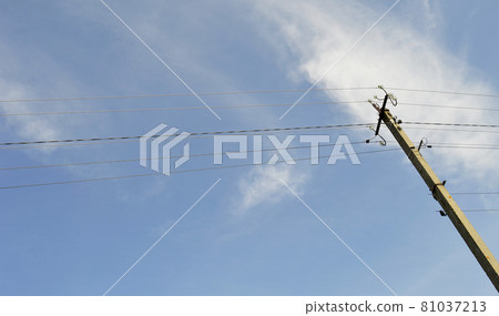 Power electric pole with line wire on colored background close up Power electric pole with line wire on colored background close up 81037213