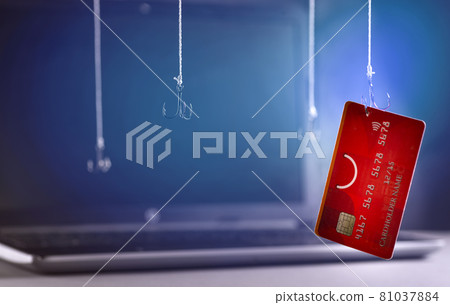 Internet fraud using computer technology, stealing money on the Internet, stealing credit card data. Hook hooked credit card on neon background 81037884