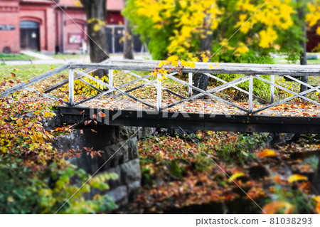 Old wooden bridge in misty autumn park in Finland 81038293