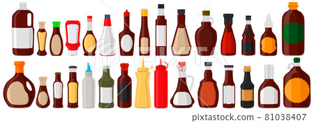 Illustration big kit varied glass bottles filled liquid sauce teriyaki Illustration big kit varied glass bottles filled liquid sauce teriyaki 81038407