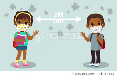Diverse black boy and girl students wearing face mask and social distance protect coronavirus covid-19 medical mask ready to back to school for new normal lifestyle concept 81039335