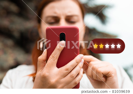 Excellent. Person using mobile phone with icon two star symbol to increase rating of company, customer service concept Excellent. Person using mobile phone with icon two star symbol to increase rating of company, customer service concept 81039639