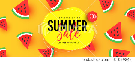 Summer sale banner design with tropical leaves and ripe watermelon slices on yellow background with copy space for store marketing promotion. Summer sale banner design with tropical leaves and ripe watermelon slices on yellow background with copy space for store marketing promotion. 81039842