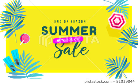 End of season summer sale banner in trendy bright colors with tropical leaves and discount text. 81039844