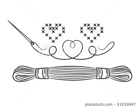 Floss thread skein with sewing needle for cross stitch embroidery handmade fancywork line icon. Mouline cotton string for sew needlework. Accessories for embroider ornament. Made with love. Vector Floss thread skein with sewing needle for cross stitch embroidery handmade fancywork line icon. Mouline cotton string for sew needlework. Accessories for embroider ornament. Made with love. Vector 81039847