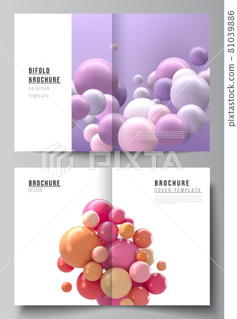Vector layout of two A4 cover mockup templates for bifold brochure, flyer, magazine, cover design, book design. Abstract vector futuristic background with colorful 3d spheres, glossy bubbles, balls. 81039886