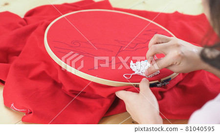 Woman hands and craft work. Embroider sewing by hand. Handicraft work by thread needle sew knit. Wood frame embroidery hoop. Needlework handicraft crafting quarantine leisure concept. Woman hands and craft work. Embroider sewing by hand. Handicraft work by thread needle sew knit. Wood frame embroidery hoop. Needlework handicraft crafting quarantine leisure concept. 81040595