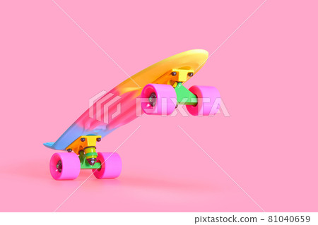 rainbow plastic Penny board skateboard isolated on pink background rainbow plastic Penny board skateboard isolated on pink background 81040659