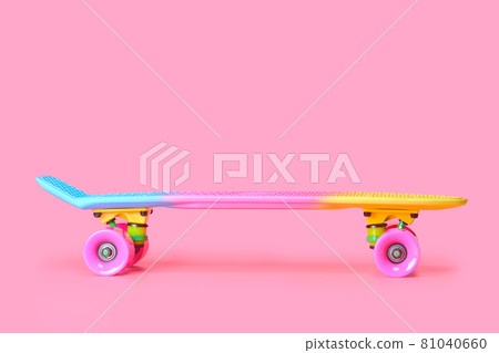 rainbow plastic Penny board skateboard isolated on pink background rainbow plastic Penny board skateboard isolated on pink background 81040660