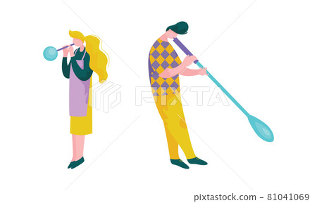 Man and Woman Glassblower with Blowpipe or Tube Glassblowing Inflating Molten Glass into Bubble Vector Set Man and Woman Glassblower with Blowpipe or Tube Glassblowing Inflating Molten Glass into Bubble Vector Set 81041069