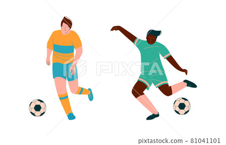 Young Man Playing Football or Soccer Moving the Ball Running Around Pitch Scoring Goals Vector Set Young Man Playing Football or Soccer Moving the Ball Running Around Pitch Scoring Goals Vector Set 81041101