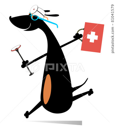 Smiling dog runs to render the medical aid illustration. Cartoon hurry dachshund a doctor with a doctor bag and endoscope isolated on white 81041579