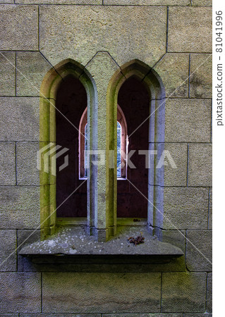 A windows at gothic chapel with a tomb in the defunct cemetery. 81041996