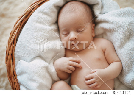 funny newborn baby is sleeping in a baby basket. 81043105