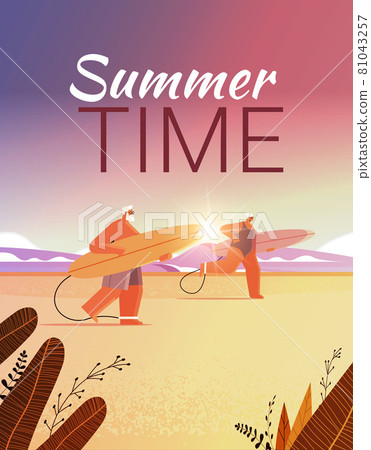 senior couple with surf boards aged man woman surfers holding surfboards summer vacation active old age concept 81043257