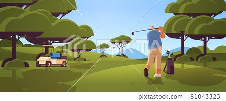 senior man playing golf on sunny green golf course aged player taking a shot active old age concept senior man playing golf on sunny green golf course aged player taking a shot active old age concept 81043323