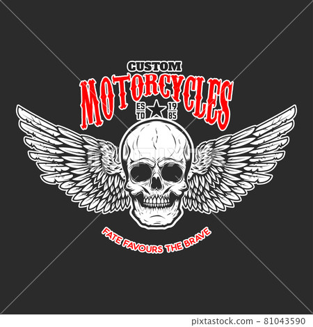 Custom motorcycles .Poster template with winged skull. Design element for poster, flyer, card, banner. Vector illustration Custom motorcycles .Poster template with winged skull. Design element for poster, flyer, card, banner. Vector illustration 81043590