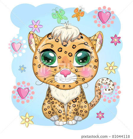 Leopard with beautiful eyes in cartoon style, colorful illustration for children. Leopard cat with characteristic spots 81044118
