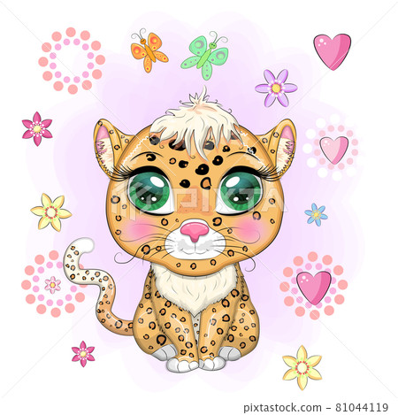 Leopard with beautiful eyes in cartoon style, colorful illustration for children. Leopard cat with characteristic spots 81044119