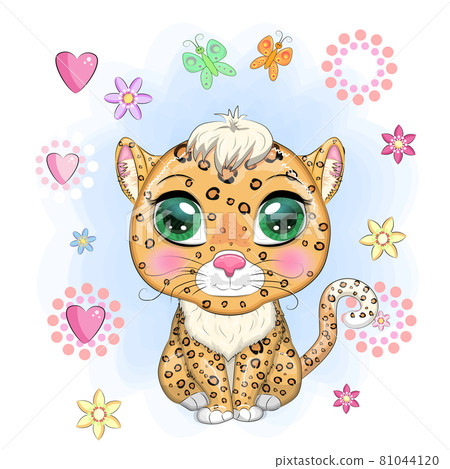 Leopard with beautiful eyes in cartoon style, colorful illustration for children. Leopard cat with characteristic spots 81044120