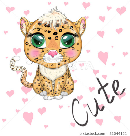 Leopard with beautiful eyes in cartoon style, colorful illustration for children. Leopard cat with characteristic spots 81044121