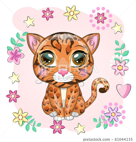 Bengal cat with beautiful eyes in cartoon style, hybrid, colorful illustration for children 81044135