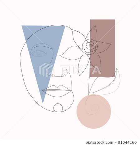 Female face one line drawing with minimal shapes, doodles, tropical leaves and flower. Abstract woman portrait illustration for fashion design 81044160
